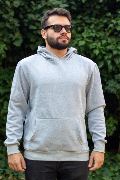 Erkek Gri Baskısız Basic Oversize Kapüşonlu Kanguru Cep Uzun Kollu Kalın Sweatshirt 23ESWTCKAG - 5