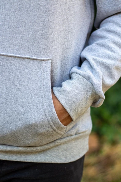 Erkek Gri Baskısız Basic Oversize Kapüşonlu Kanguru Cep Uzun Kollu Kalın Sweatshirt 23ESWTCKAG - 3