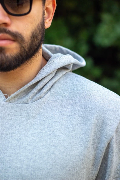 Erkek Gri Baskısız Basic Oversize Kapüşonlu Kanguru Cep Uzun Kollu Kalın Sweatshirt 23ESWTCKAG - 4