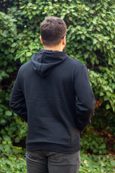 Erkek Siyah Baskısız Basic Oversize Kapüşonlu Kanguru Cep Uzun Kollu Kalın Sweatshirt 23ESWTCKAG - 7