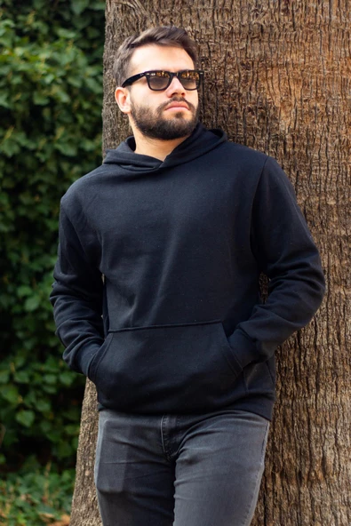 Erkek Siyah Baskısız Basic Oversize Kapüşonlu Kanguru Cep Uzun Kollu Kalın Sweatshirt 23ESWTCKAG - 8
