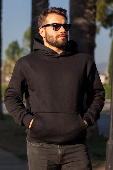 Erkek Siyah Baskısız Basic Oversize Kapüşonlu Kanguru Cep Uzun Kollu Kalın Sweatshirt 23ESWTCKAG