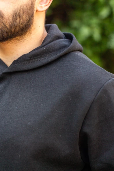 Erkek Siyah Baskısız Basic Oversize Kapüşonlu Kanguru Cep Uzun Kollu Kalın Sweatshirt 23ESWTCKAG - 6