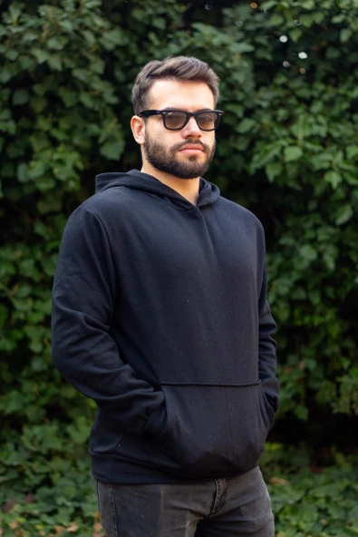 Erkek Siyah Baskısız Basic Oversize Kapüşonlu Kanguru Cep Uzun Kollu Kalın Sweatshirt 23ESWTCKAG - 3