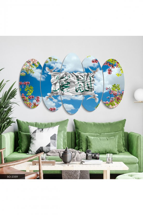 Evinemoda Allah Muhammed Kuşlar 5 Parçalı Mdf Tablo