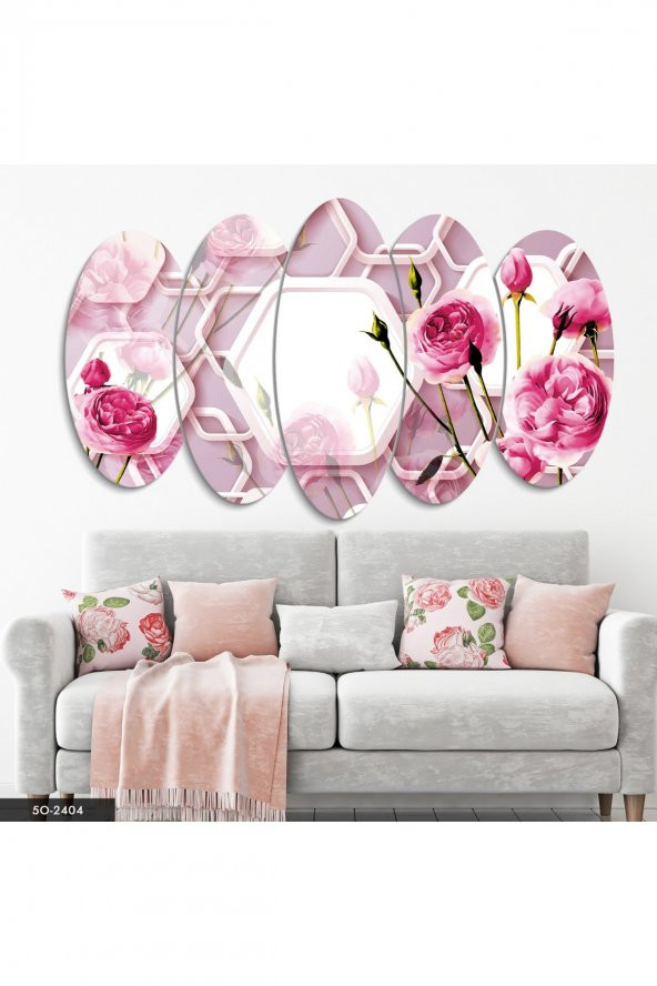 Evinemoda Pembe Çiçekler 5 Parçalı Mdf Tablo