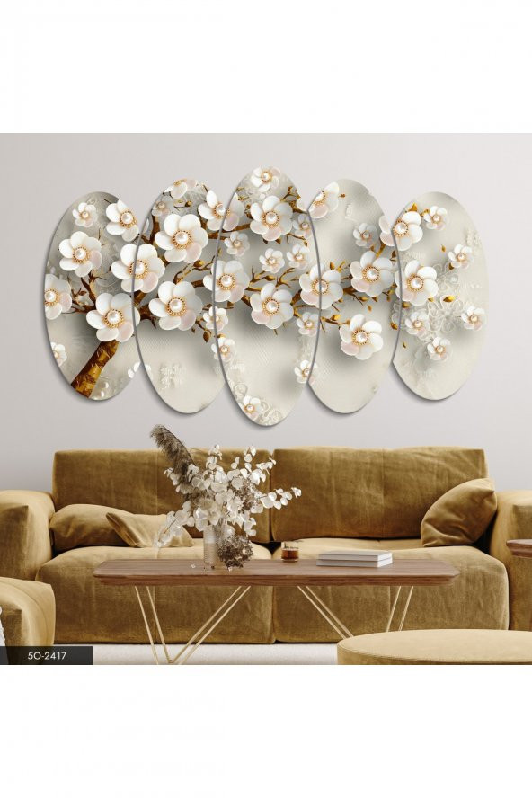 Evinemoda Gold Çiçekler 5 Parçalı Mdf Tablo