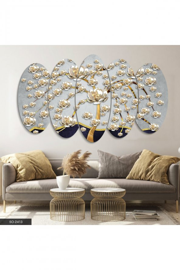 Evinemoda Gold Çiçekler 5 Parçalı Mdf Tablo