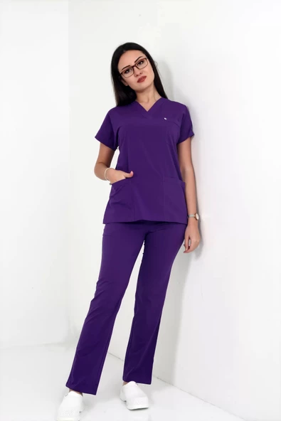 Deniz İş Kadın Linda Yarasakol Mor Renk Scrubs Takım - 6