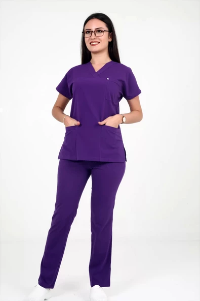 Deniz İş Kadın Linda Yarasakol Mor Renk Scrubs Takım - 3