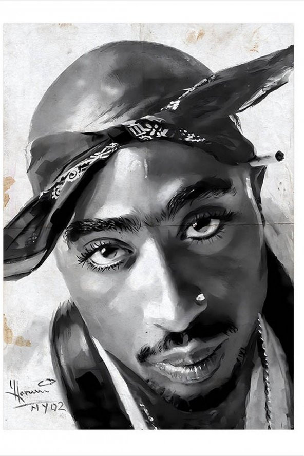 Karizma Tablo Tupac Siyah Beyaz Desenli Ahşap Tablo 50cmX 70cm