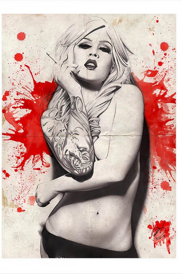 Karizma Tablo Dövmeli Sarışın Bayan Art Mdf Poster 18cm X 27cm