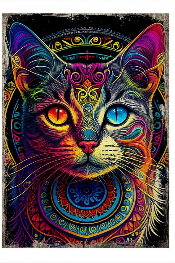Karizma Tablo Tribal Mandala Kedi Hediyelik Ahşap Tablo 50cmX 70cm