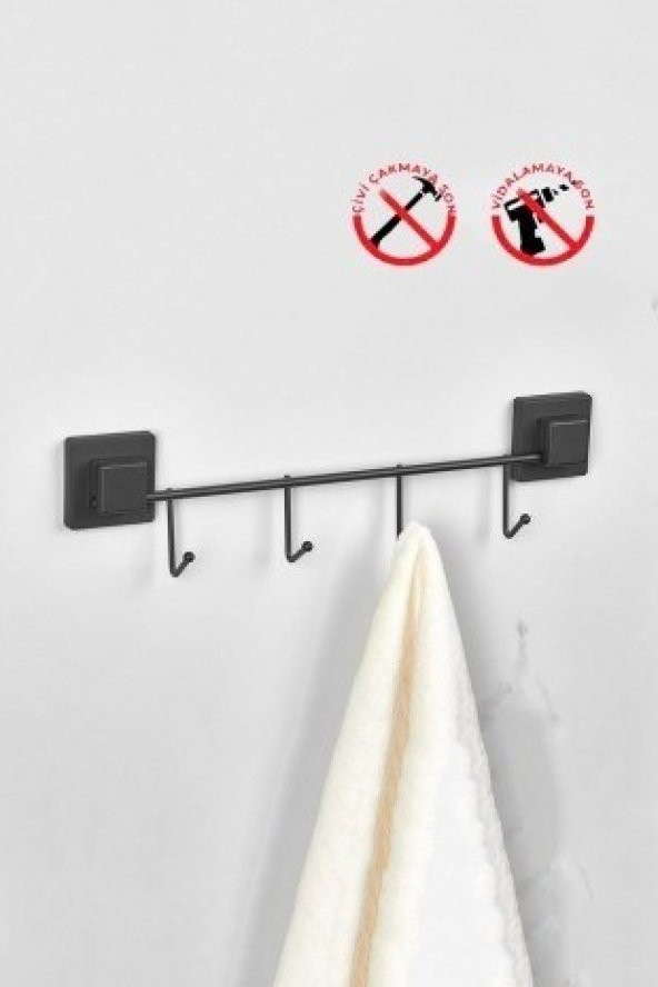 Askılık, Yapışkanlı 4 Lü Askı Siyah, Havlu Askılığı, Banyo Askılığı, Kıyafet Askılığı - 2