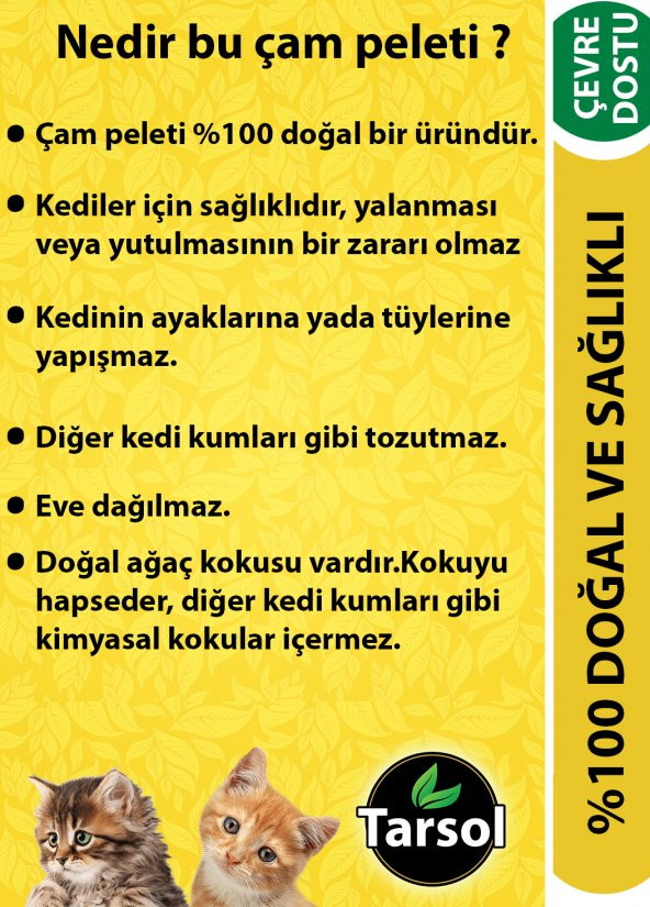 TARSOL KEDİ KUMU ÇAM PELETİ 20 LT EKONOMİK BOY 100 ORGANİK - 2