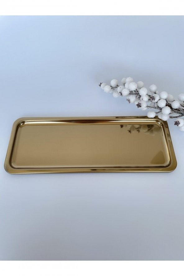 Altın Gold Çelik Dikdörtgen Kahve Sunum Tepsi 33x13 Cm