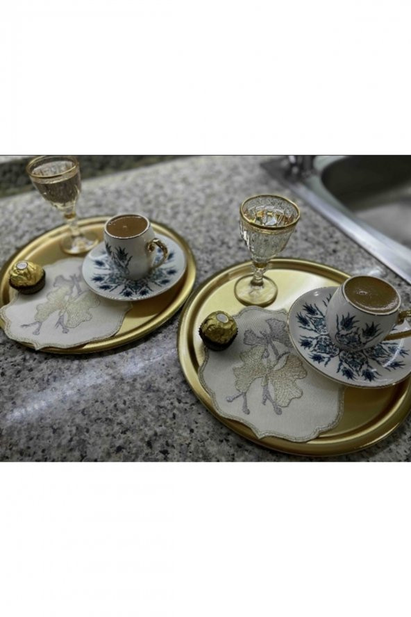 6lı Gold Metal Dekoratif Servis Tepsisi, Çay Ve Kahve Tepsisi, Pasta Ve Tatlı Sunum Tepsisi 22cm
