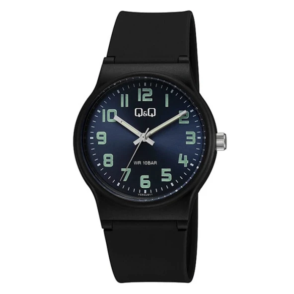 Q&Q VS50J011Y Lacivert Siyah Rakamlı Su Geçirmez Silikon Kordonlu Fosforlu Unisex Kol Saati