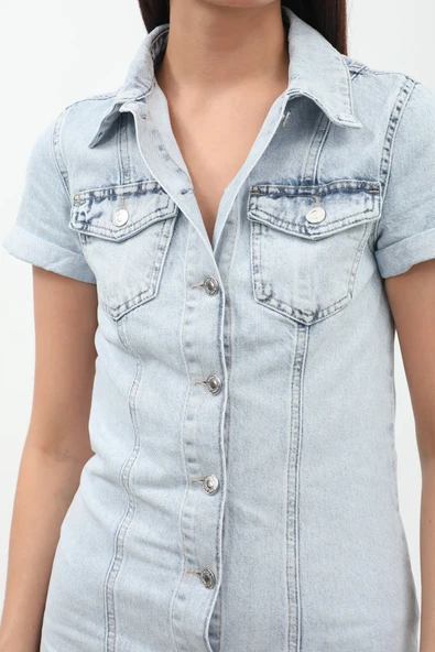 Kısa Kollu Önden Düğmeli Jean Elbise Açık Mavi - 7
