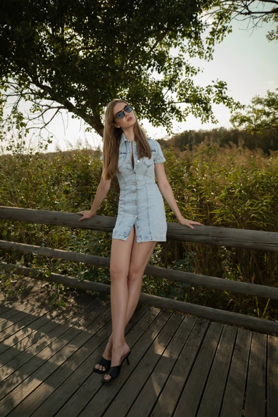 Kısa Kollu Önden Düğmeli Jean Elbise Açık Mavi - 2