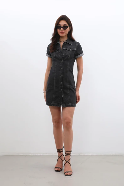 Kısa Kollu Önden Düğmeli Jean Elbise Siyah - 3
