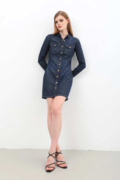 Kadın Uzun Kollu Düğmeli Jean Elbise Lacivert - 7