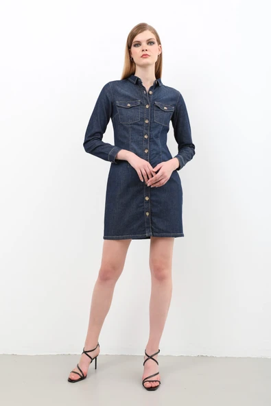 Kadın Uzun Kollu Düğmeli Jean Elbise Lacivert - 4
