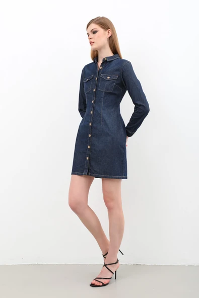 Kadın Uzun Kollu Düğmeli Jean Elbise Lacivert - 6