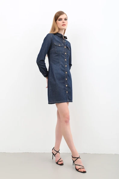 Kadın Uzun Kollu Düğmeli Jean Elbise Lacivert - 3