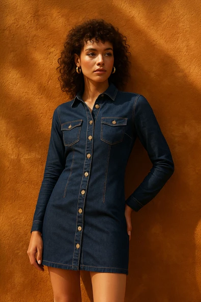 Kadın Uzun Kollu Düğmeli Jean Elbise Lacivert
