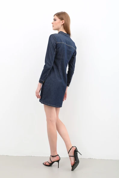 Kadın Uzun Kollu Düğmeli Jean Elbise Lacivert - 8