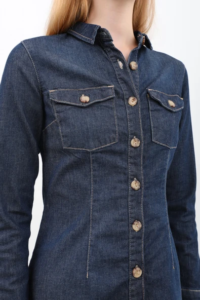 Kadın Uzun Kollu Düğmeli Jean Elbise Lacivert - 9