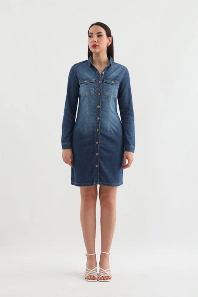 Kadın Uzun Kollu Düğmeli Jean Elbise Koyu Mavi - 6