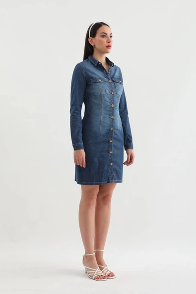 Kadın Uzun Kollu Düğmeli Jean Elbise Koyu Mavi - 5