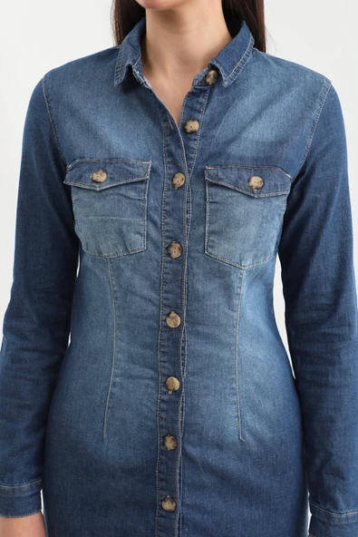 Kadın Uzun Kollu Düğmeli Jean Elbise Koyu Mavi - 8