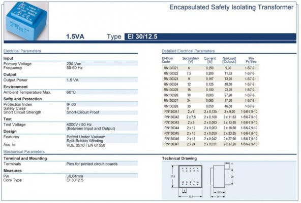 Trafo El-Kom 1,5VA 2x7,5V Mavi RN130342 2x100mA - 2