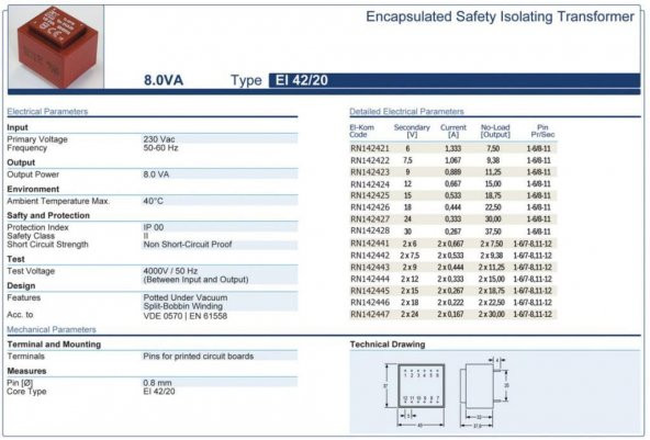 Trafo El-Kom  8VA  2x9V Mavi RN142443  2x444 mA - 2