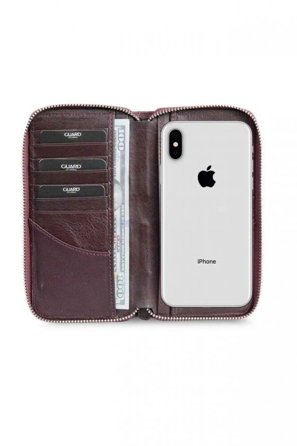 Guard Bordo Kamuflaj Baskılı Hakiki Deri Fermuarlı Cüzdan Erkek / Kadın P3016 - 3
