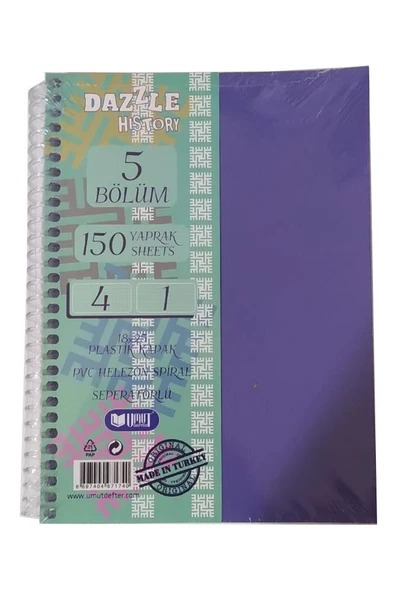 Orta Boy 4+1 Ayraçlı Defter 5 Konulu 150 Yaprak 1 Adet 4 Kareli 1 Çizgili Spralli Plastik Kapak Seperatörlü 18x25 cm