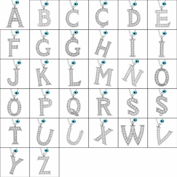 925 Ayar Gümüş Nazar Rodyum Ü Harfi Kadın Gümüş Kolye - Resim 2