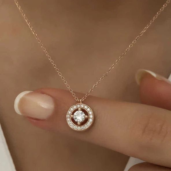 925 Ayar Gümüş Minimal Yuvarlak Tektaş Bayan Gümüş Kolye - Resim 5