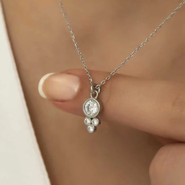 925 Ayar Gümüş Çiğ Damlası Yuvarlak Tektaş Bayan Gümüş Kolye - Resim 5