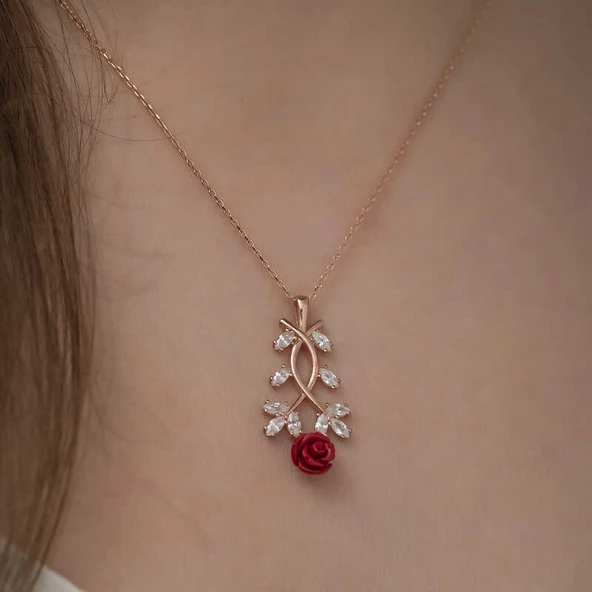 925 Ayar Gümüş Rose Kırmızı Gül Gümüş Kolye - Resim 3