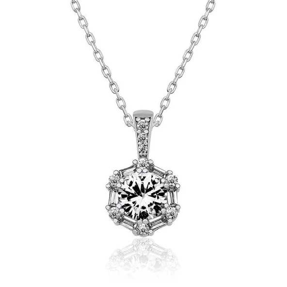 925 Ayar Gümüş Buz Beyazı Baget Taşlı Kadın Gümüş Kolye ürün görseli 1