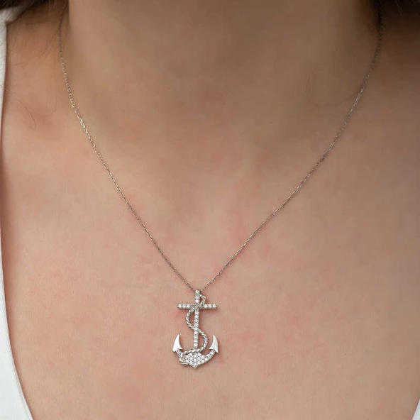 925 Ayar Gümüş Deniz Çapası Kadın Gümüş Kolye - Resim 2