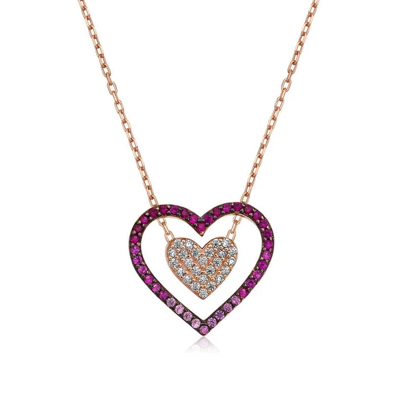 925 Ayar Gümüş İki Kalp Kadın Gümüş Kolye ürün görseli 1