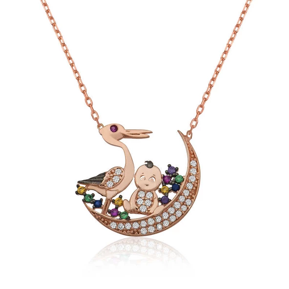 925 Ayar Gümüş Leylek Ve Bebek Kadın Gümüş Kolye ürün görseli 1