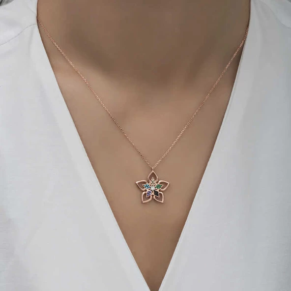 925 Ayar Gümüş Renkli Taşlı Çiçek Kadın Gümüş Kolye - Resim 2