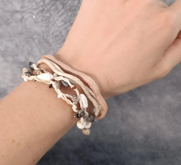 Bileklik Halhal Plaj Deniz kabuklu Boncuklu Ayarlanabilir Çoklu Bileklik - Resim 2