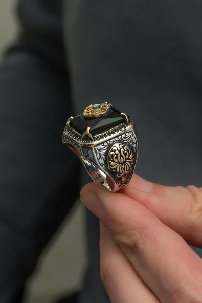 Yeşil Taşlı Çiçek Motifli 925 Gümüş Erkek Yüzük - Resim 9